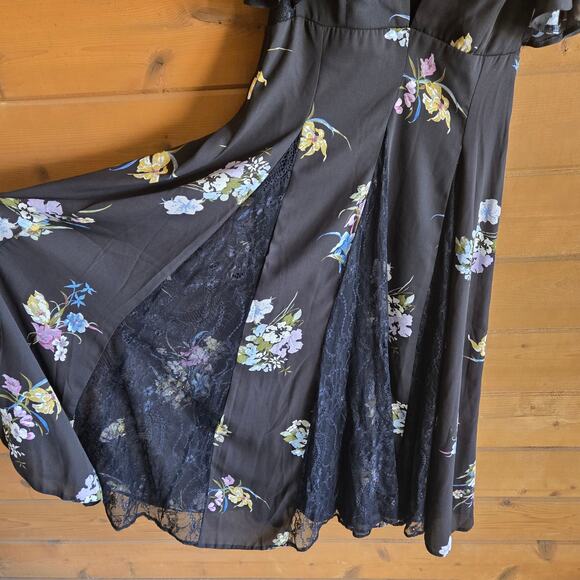 ASOS Floral Dress Black Ruffle Lace Vneck Flutter Midi NWT 6 Boho Swing Pinup - Picture 3 of 5